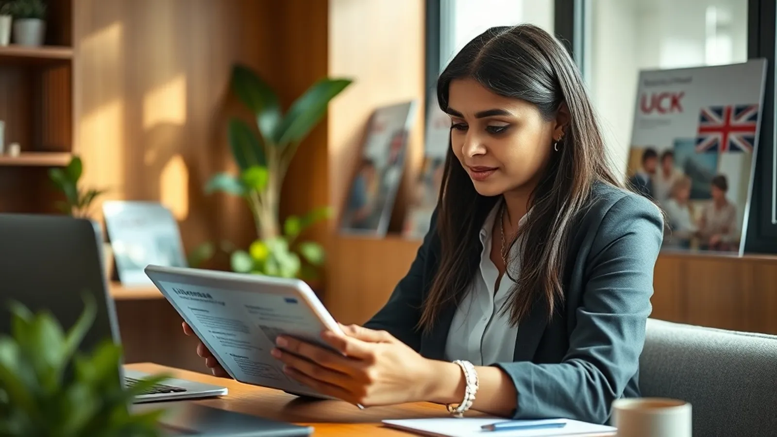 Working professional reviewing UK university programme details on a tablet at a home study desk