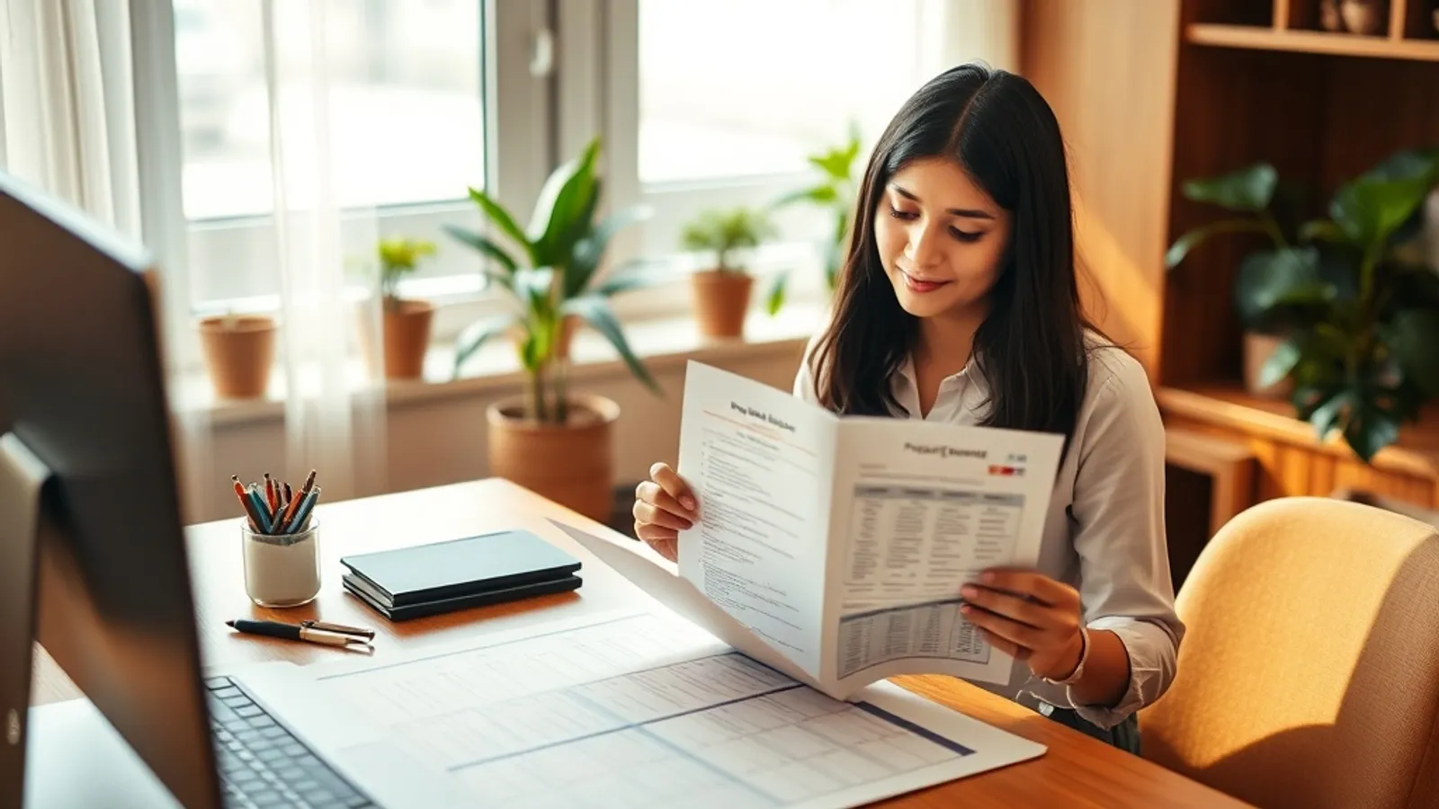 Working professional comparing online programme brochures on a tablet at a home study desk
