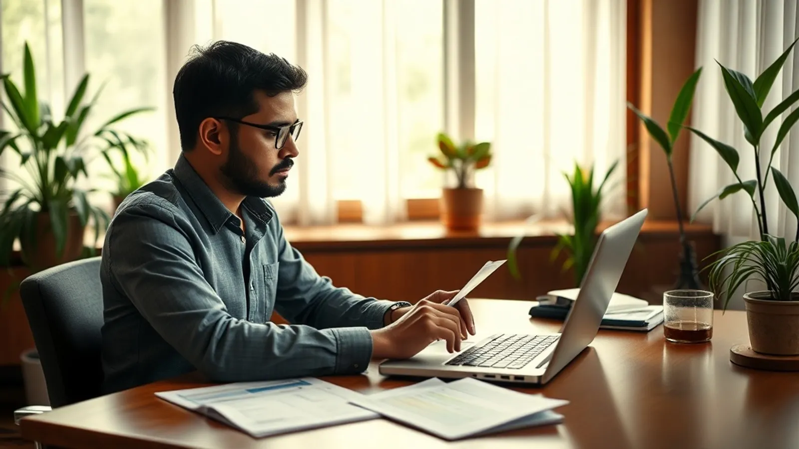 Working professional reviewing online programme details on a laptop at a Pune home study desk