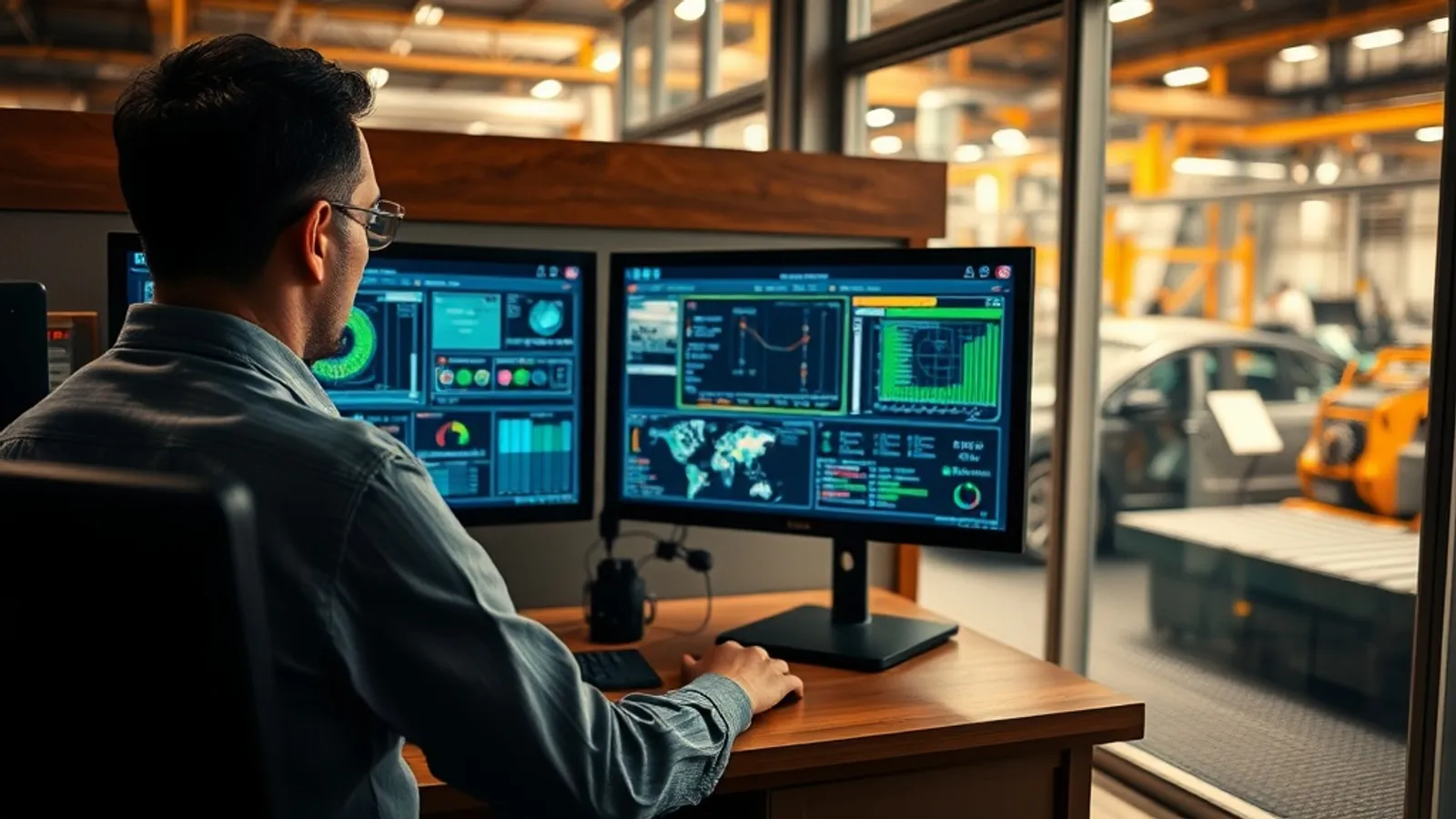 OT security engineer reviewing industrial control system dashboards at a Pune automotive factory office