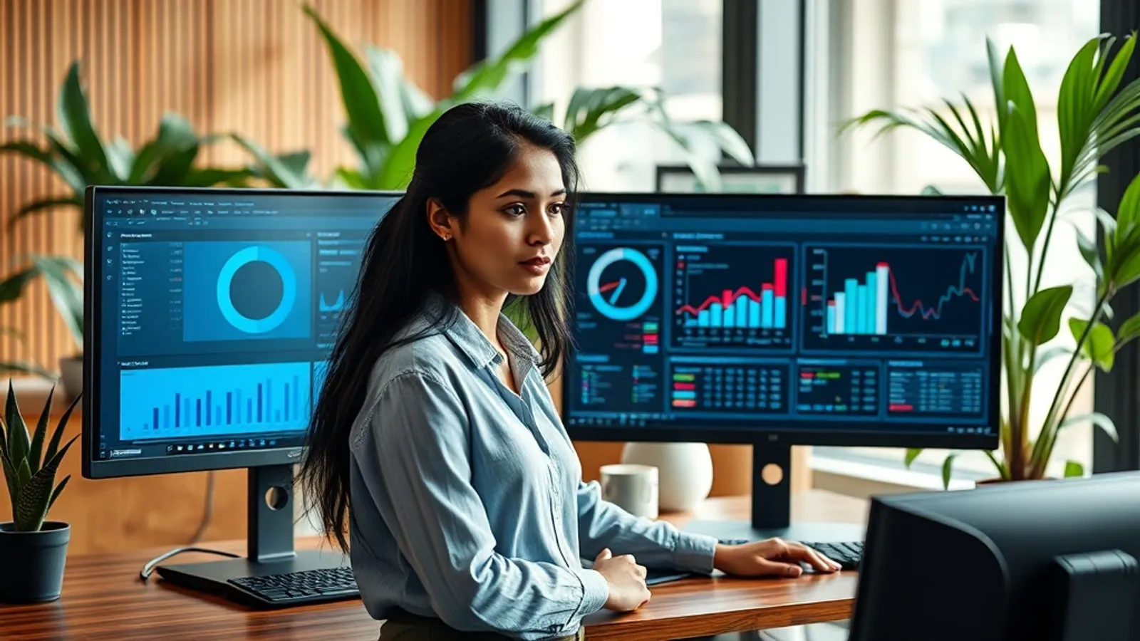 Working professional comparing Power BI and Tableau dashboards on dual monitors at a Pune analytics office