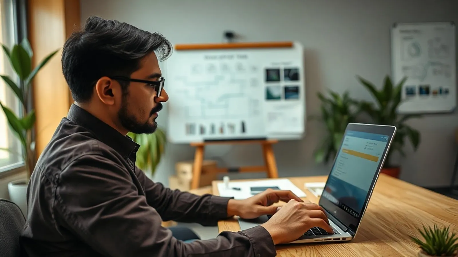 Business analyst experimenting with a RAG prototype on a laptop at a Hyderabad SaaS office