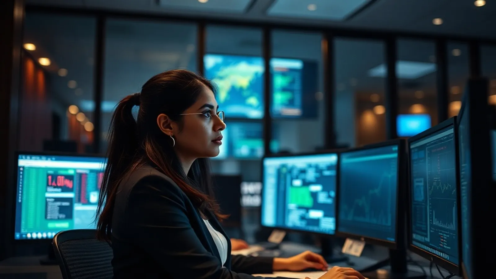 SOC analyst monitoring alert dashboards on multiple screens at a Hyderabad SOC operations centre