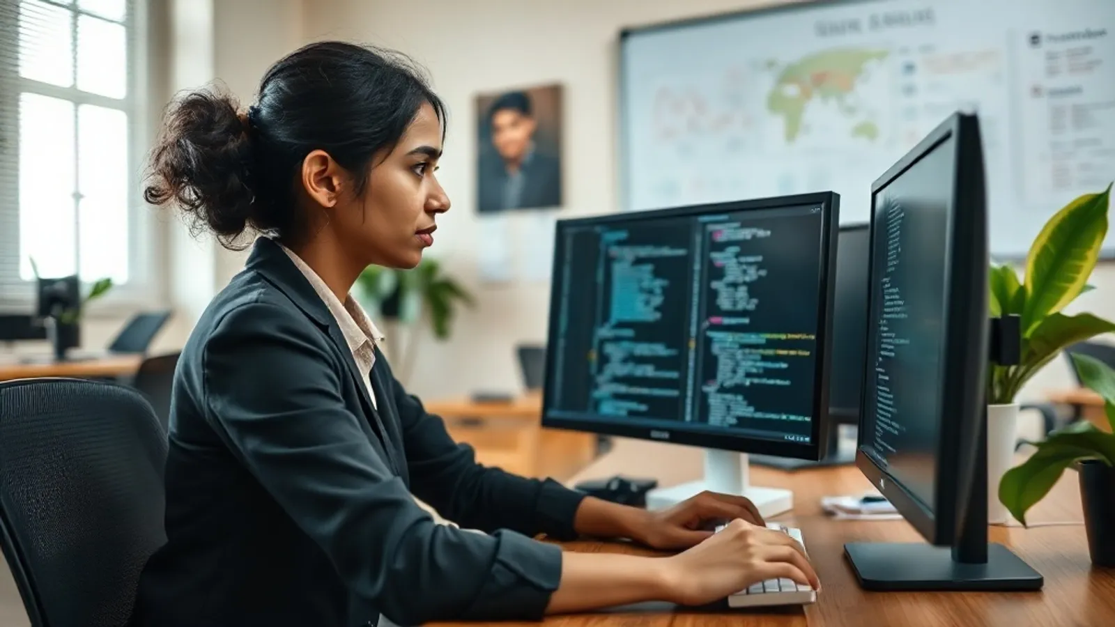 Analyst working on a SQL query at a Bengaluru SaaS office