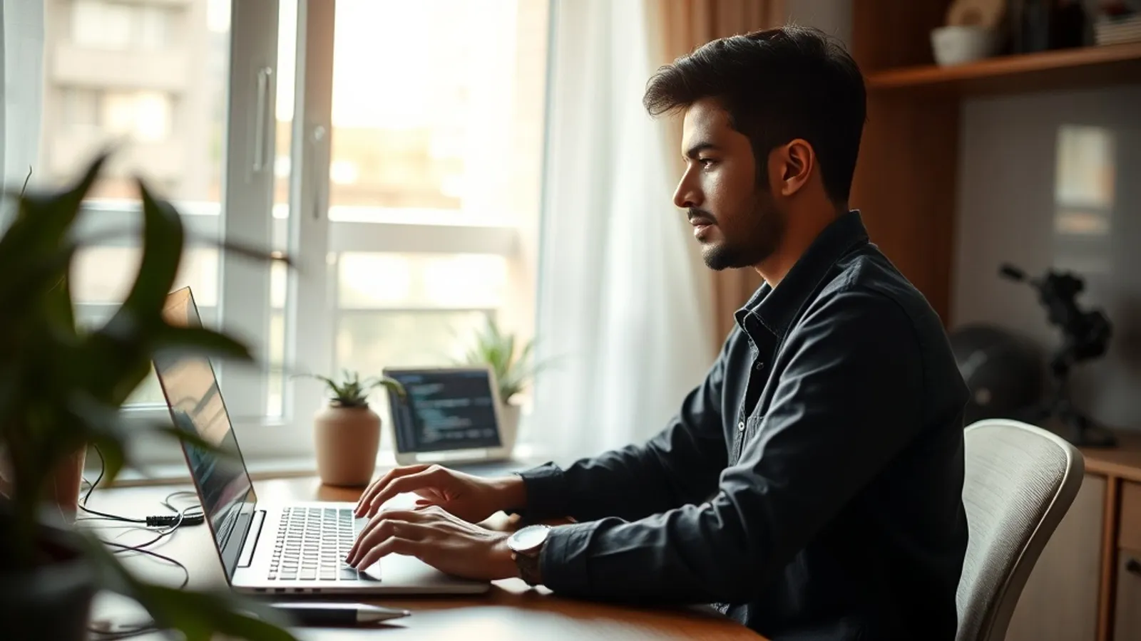Working professional building a Streamlit application on a laptop at a home study desk