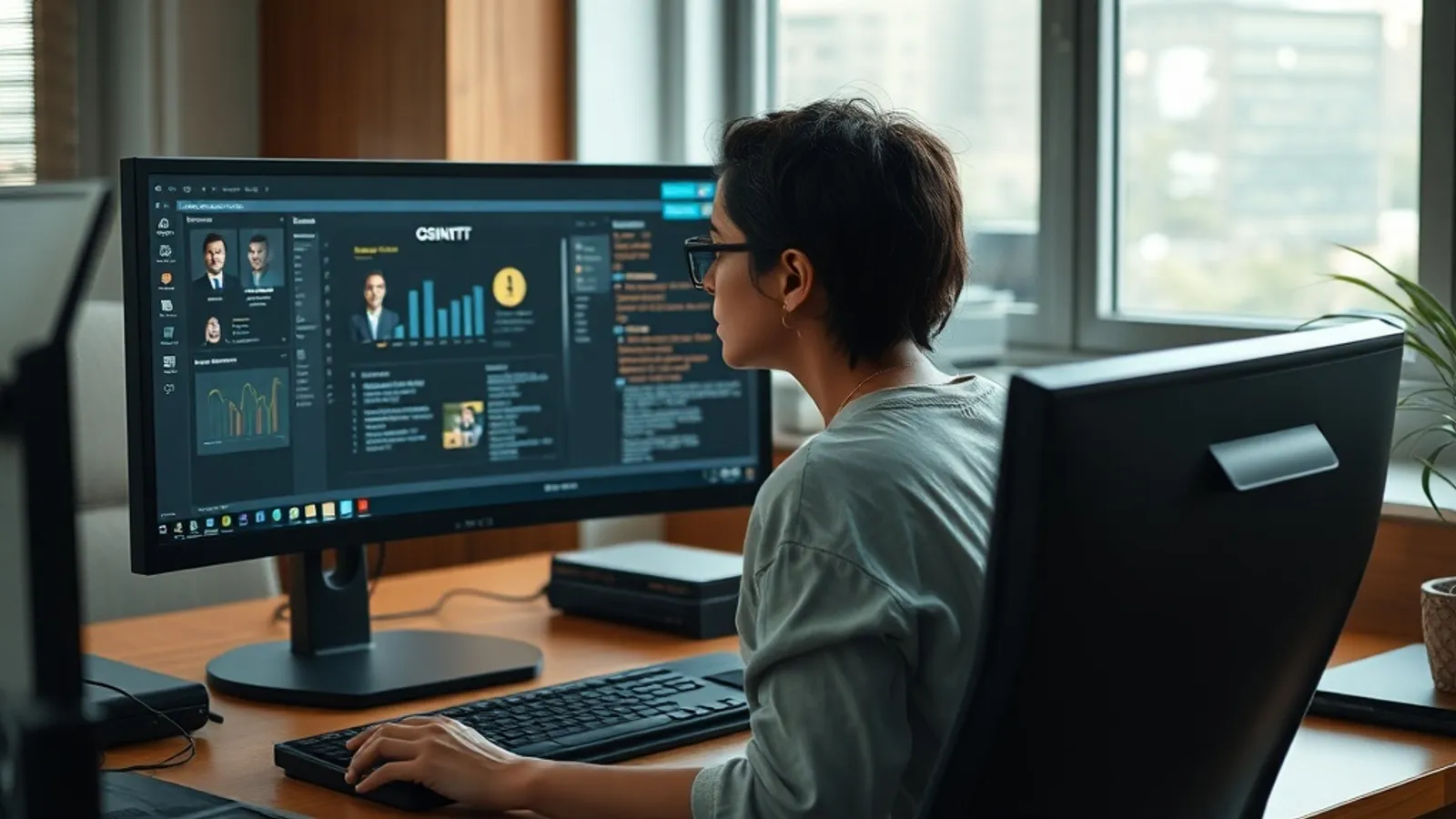 Threat intelligence analyst reviewing threat actor profiles on dual monitors at a Bengaluru CTI office