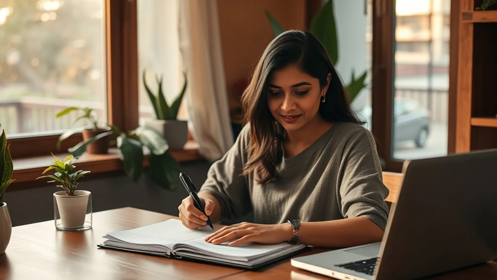 Working professional planning weekly study blocks in a notebook at a Bengaluru home study desk