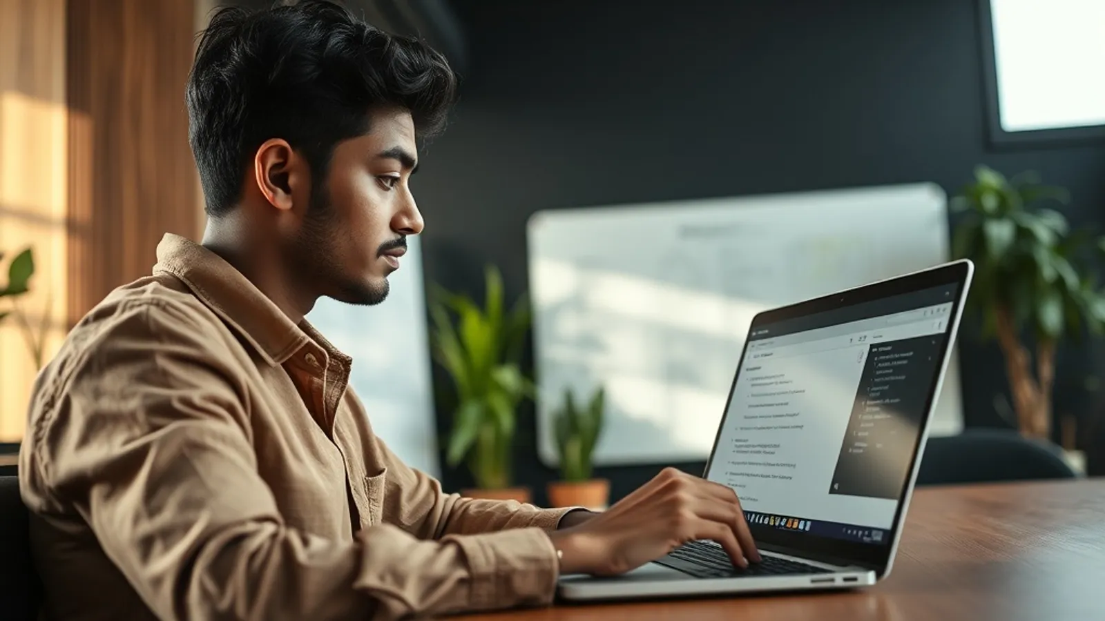 AI engineer reviewing a vector-database query interface on a laptop at a Bengaluru AI startup office